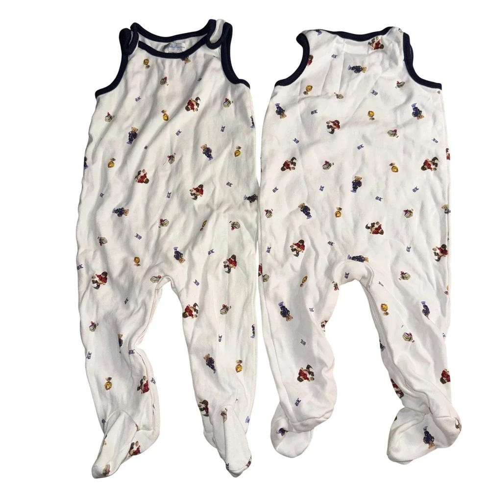 Ralph Lauren Footed Sleep Set 9M White Polo Bear Print Sleeveless Rompers twins
